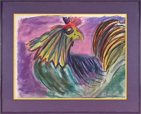 Sherry Gara “Colorful Rooster” Pastel on Paper – Signed, Framed 23.5" x 29.5"