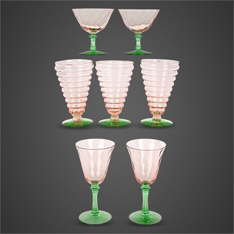 Bohemian Watermelon Glass UV Stemware Lot – 12 Pc (7 Excellent)