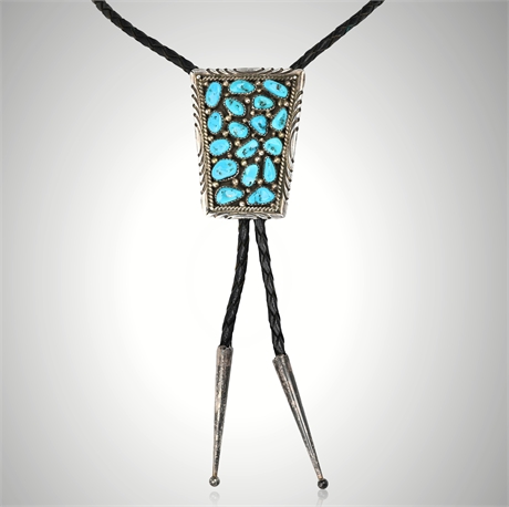 James Shay Navajo Sterling Silver & Kingman Turquoise Cluster Bolo Tie