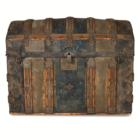 Victorian Dome-Top Steamer Trunk, Steel-Clad & Oak Slats, c.1885–95