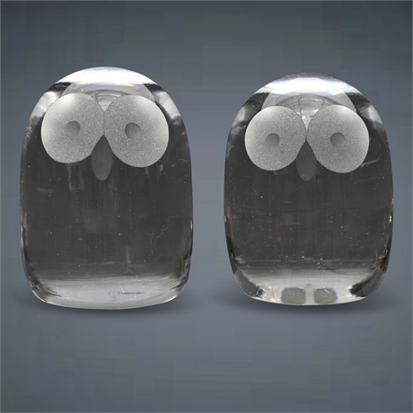 Pair Hadeland Crystal Owl Sculptures