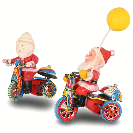 Suzuki Japan Tin Wind-Up Santa Tricycles T5-753, 1950s Lot (2)