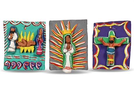 Mexican Folk Art, Hand Painted Pottery Tableaus