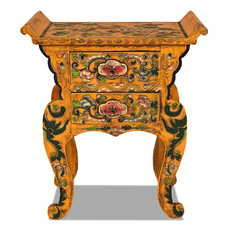 Tibetan Two-Drawer Side Table with Saffron Ground & Polychrome Florals