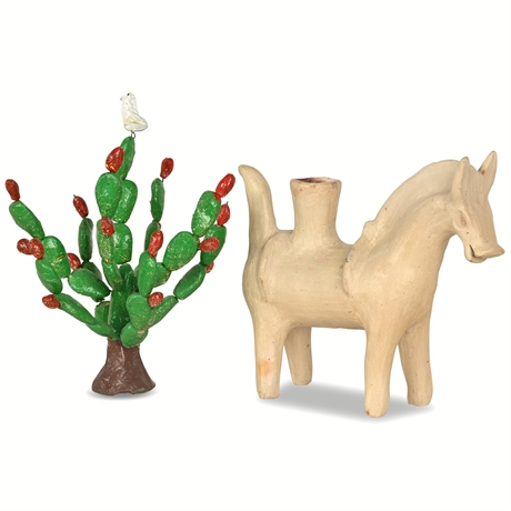 Pottery Cactus and Candlestick Donkey