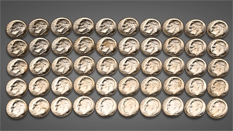 1964-P Roosevelt Silver Dimes - Roll of 50 Uncirculated