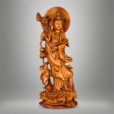 Carved Guanyin on Waves with Dragon & Lotus, One-Piece Sculpture