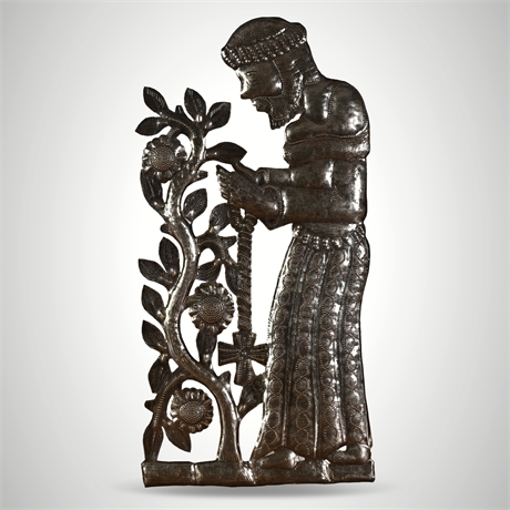 Haitian Steel St. Francis Wall Sculpture Cross & Floral Motif