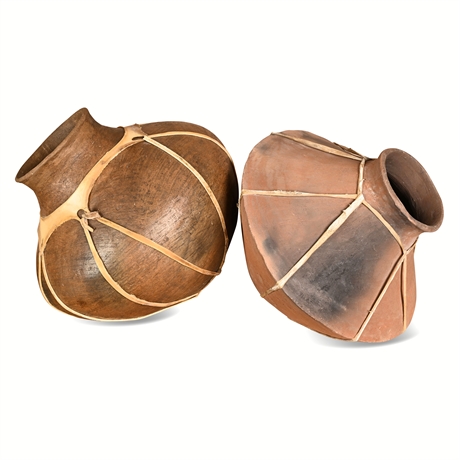 Tarahumara Terracotta Vessels, Rawhide-Lashed, Sculptural Pair