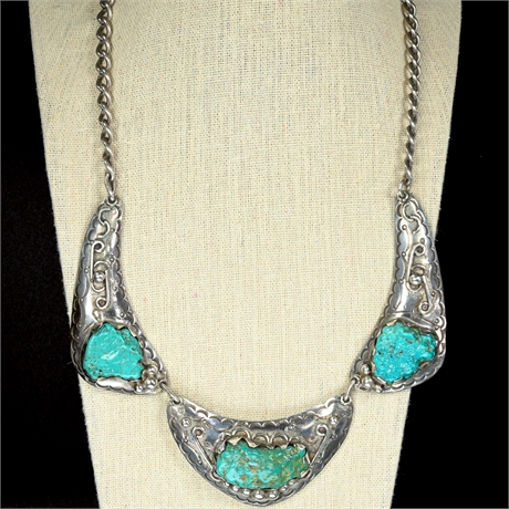 Vintage Sterling Silver & Turquoise Bib Necklace
