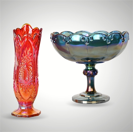 Vintage Carnival Glass Vase & Compote – Marigold & Blue Iridescent