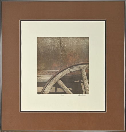 Brent Thomson Water Limited Edition Etching 39/100 – Rustic Wagon Wheel Scene