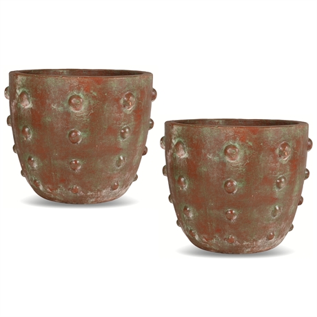 Pair of Rustic Earthen Clay Outdoor Pots with Copper Patina Finish