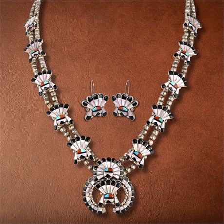 1960s Zuni Sunface Squash Blossom Necklace & Earrings, Sterling & Inlay