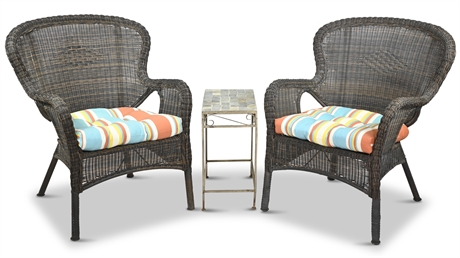 Pair Wicker Style Patio Chairs with Iron Side Table