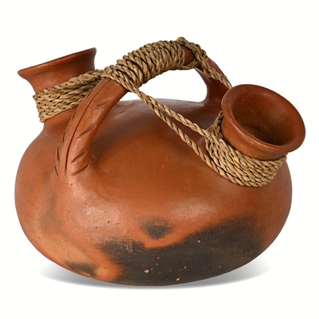 Rustic Terracotta Double‑Spout Water Vessel — Rope-Wrapped