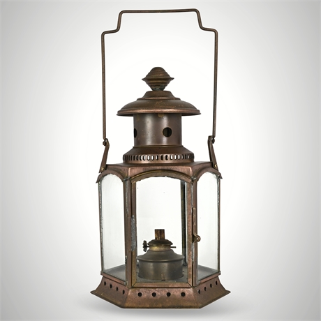Hexagonal Copper & Brass Oil Lantern – 15½" with Handle