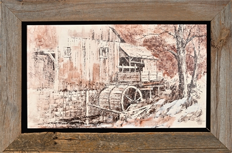 David E. Garrison Conte Crayon Drawing – Rustic Watermill Scene, Barnwood Frame