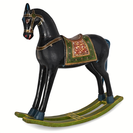 Hand-Painted Folk Art Wooden Rocking Horse – 24"