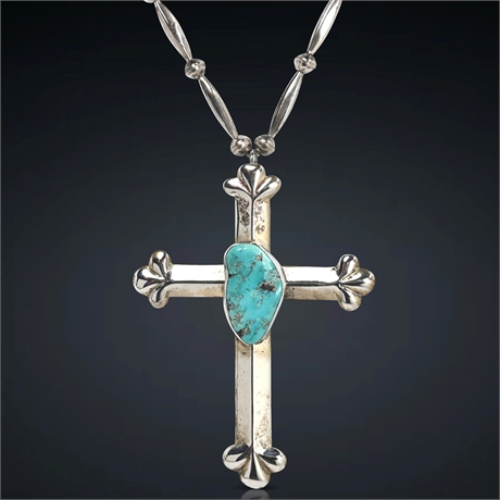 Old Navajo Sterling & Sleeping Beauty Turquoise Cross Necklace