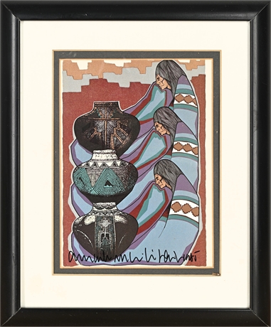 Signed Amado Maurilio Peña Jr. Lithograph – Southwestern Figures & Pottery
