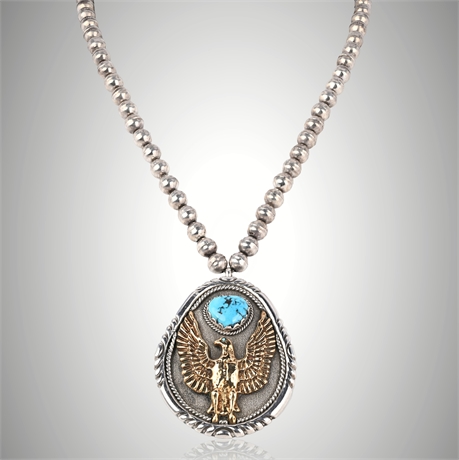 Navajo Sterling Eagle Pendant Necklace with Kingman Turquoise, Signed CF