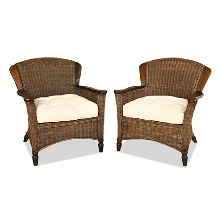 Pier 1 Wicker & Hardwood Barrel-Back Lounge Armchairs, Pair, c. 1990s–2000s