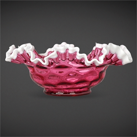 Fenton Cranberry Opalescent Hobnail Ruffled Bowl – White Crest, Excellent