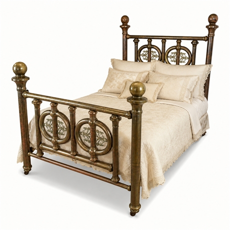 Late Victorian Ornate Brass Bedstead with Cast Scrollwork Medallions, c. 1890s