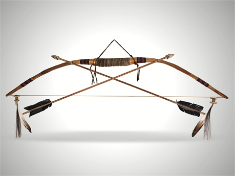 20th C. Native American–Style Bow & Arrow Display w/ Beads & Horsehair