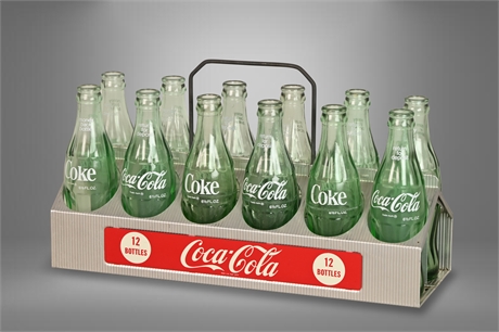 1950's Coca-Cola 12 Pack Aluminum Bottle Carrier with Glass Bottles
