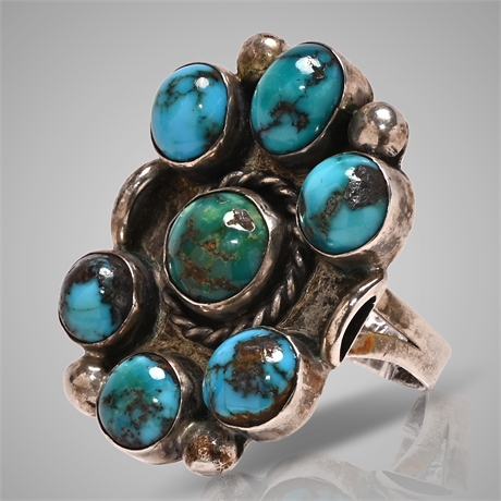 Old Kingman Turquoise Sterling Cluster Ring