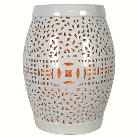 Pierced White Ceramic Garden Stool Lamp — Rice Paper Lined, Barrel Form