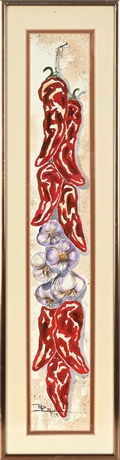 "Chile Peppers and Garlic" by Pat Beatty – Signed Watercolor, Framed, 1991