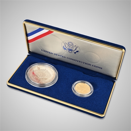 1987 U.S. Constitution Proof Set – $5 Gold & $1 Silver, Box & COA