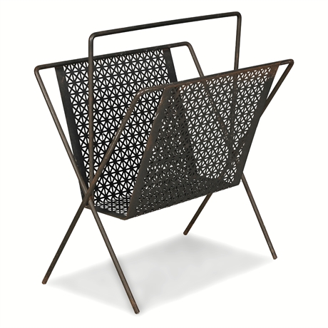 Mid-Century Modern Perforated Steel Magazine Rack, Atomic Era Stand