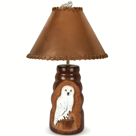 Hand-Carved Owl Lamp with Leather-Trimmed Copper Shade