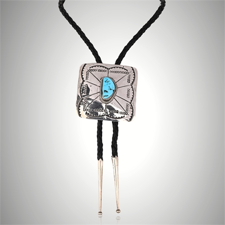 Navajo Sterling & Turquoise Bolo Tie, Signed M Sterling – Melissa Yazzie