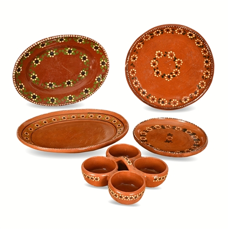 Tlaquepaque Mexican Redware Serveware Set — Banda Platters, Plates & Salsero