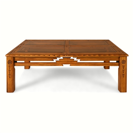 Morewood & Yager Carved Solid Pine Coffee Table with Smoke Glass Panels