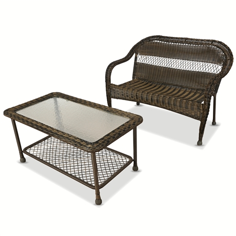 PVC Wicker Loveseat with Glass-Top Coffee Table