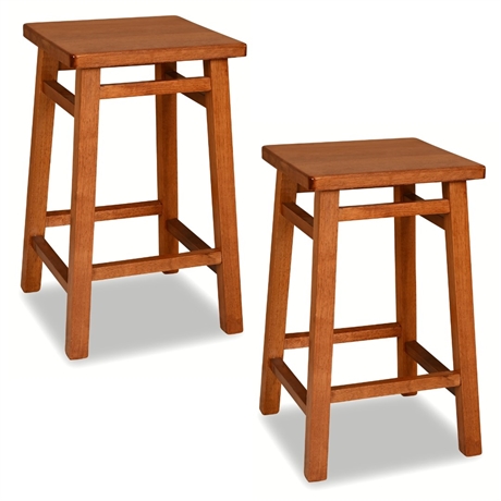 Pair of Cherry-Finish Square Seat Counter Stools, Solid Wood