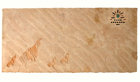 42" Flagstone Slab with Quail Carving — Turquoise, Onyx & Carnelian Inlay