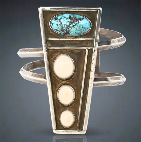 Mid-Century Navajo Sterling Silver Cuff Bracelet with Turquoise and Shell