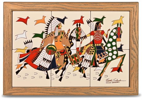 Frank Salcido Comes Charing Native American Framed Ceramic Tile Ledger Art