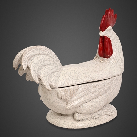 Italian Figural Rooster Tureen, White Crackle Glaze with Red Comb &amp; Wattles