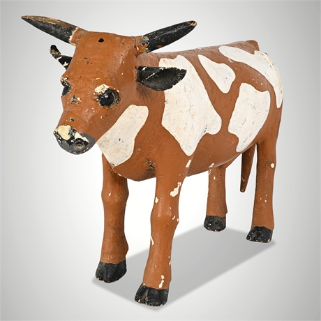 Mexican Folk Art Hand-Painted Wood & Vinyl Standing Bull Sculpture