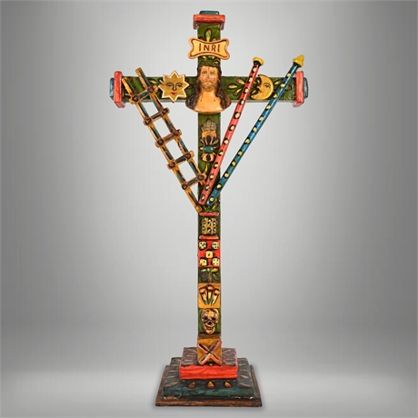 Large Peruvian Hand-Painted Wooden Arma Christi Cross with Ceramic Jesus – 23"