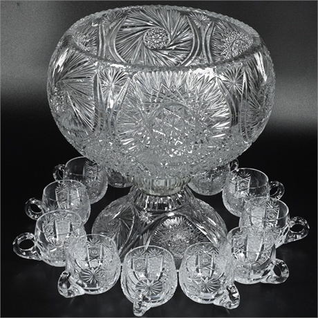 Antique Cut Glass Pedestal Punch Bowl w/ 12 Cut Glass Cups