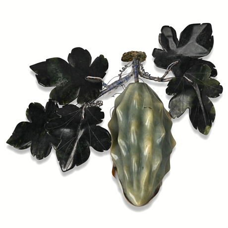 Mid-Century Carved Jadeite Durian with Hardstone Leaves — 4.5", 7.9 oz